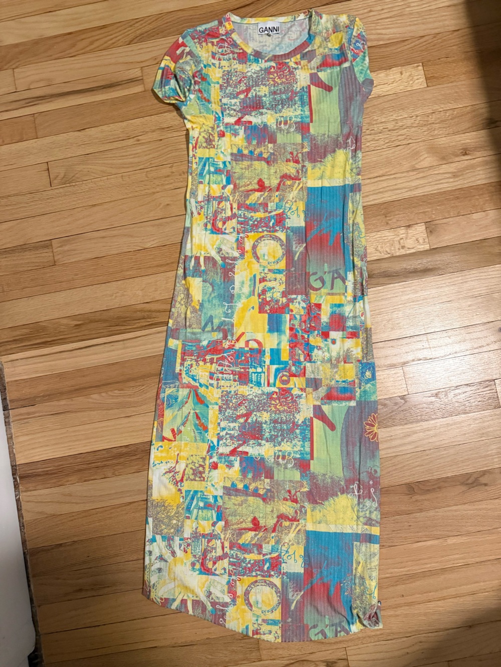 Ganni Multicolor Printed Ribbed Dress with Yellow and Red Accents